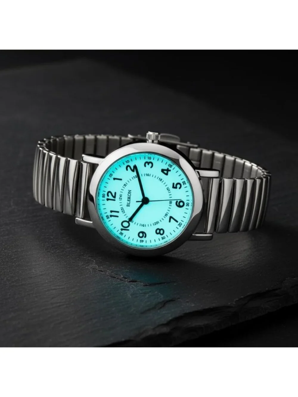 Women's Silver Analog Display Push Button Glossy Expansion Band Wrist Watch